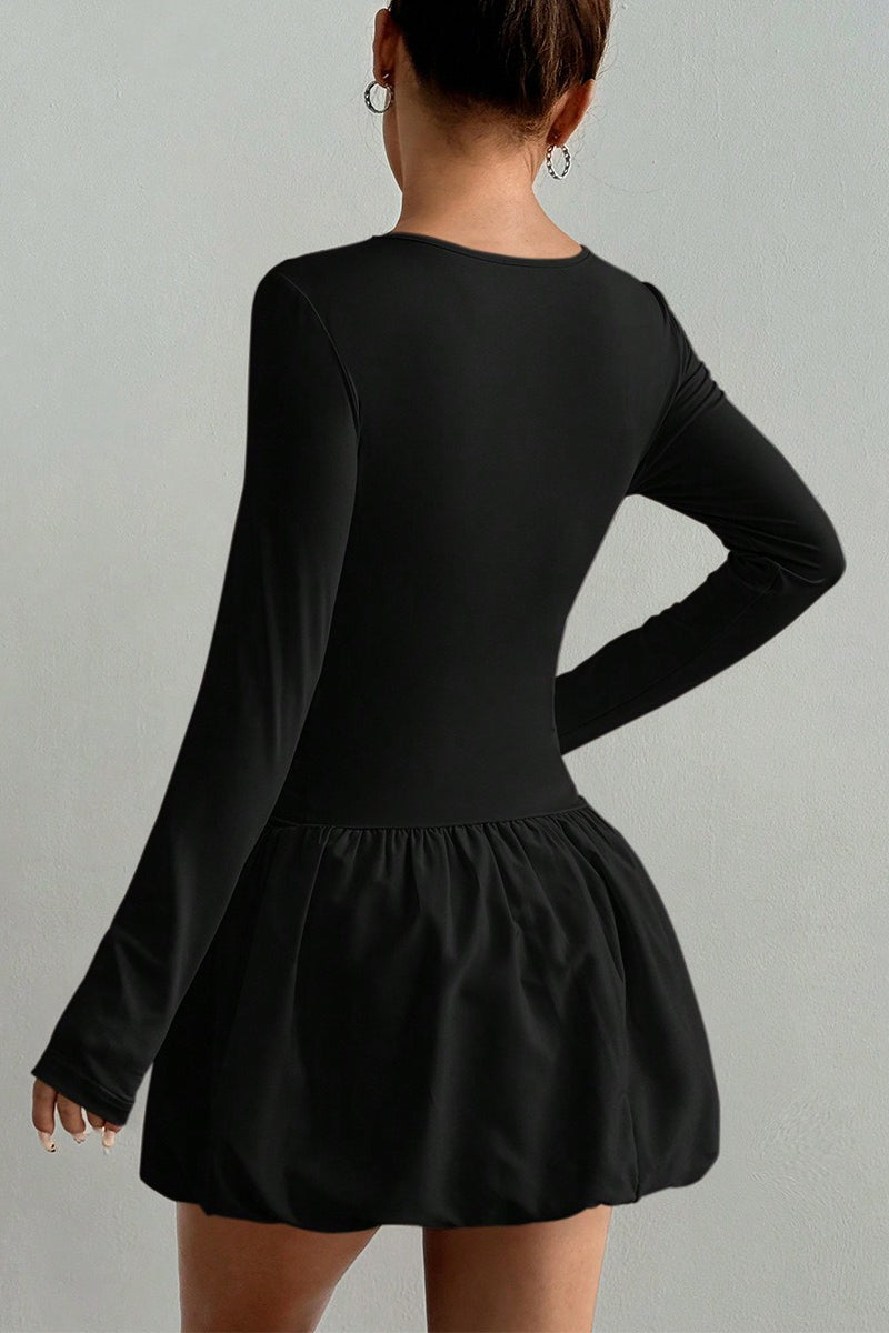 Round Neck Long Sleeve Ruched Waist Bubble Hem Mini Dress