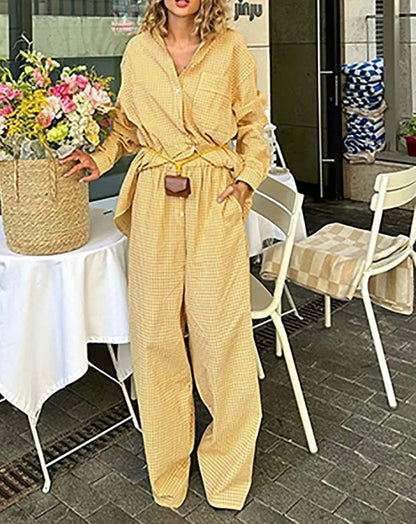 Yellow Print Pockets Button Pants Office Two Piece Set
