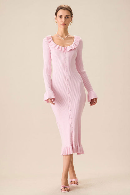 Valerie U-Neck Ruffle Midi Knit Dress