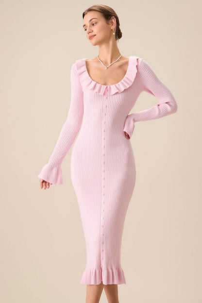 Valerie U-Neck Ruffle Midi Knit Dress