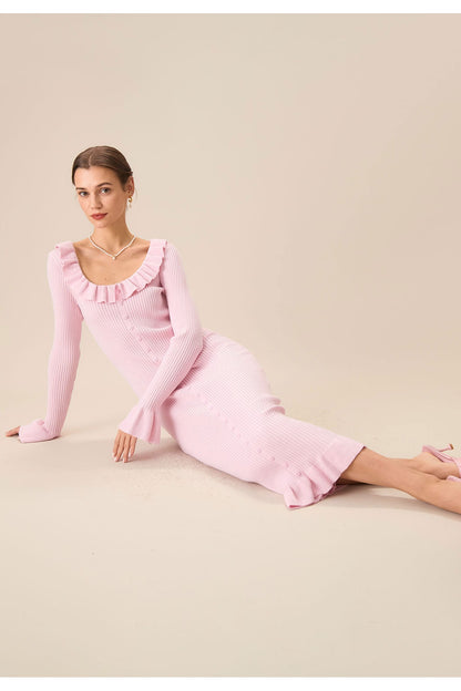 Valerie U-Neck Ruffle Midi Knit Dress