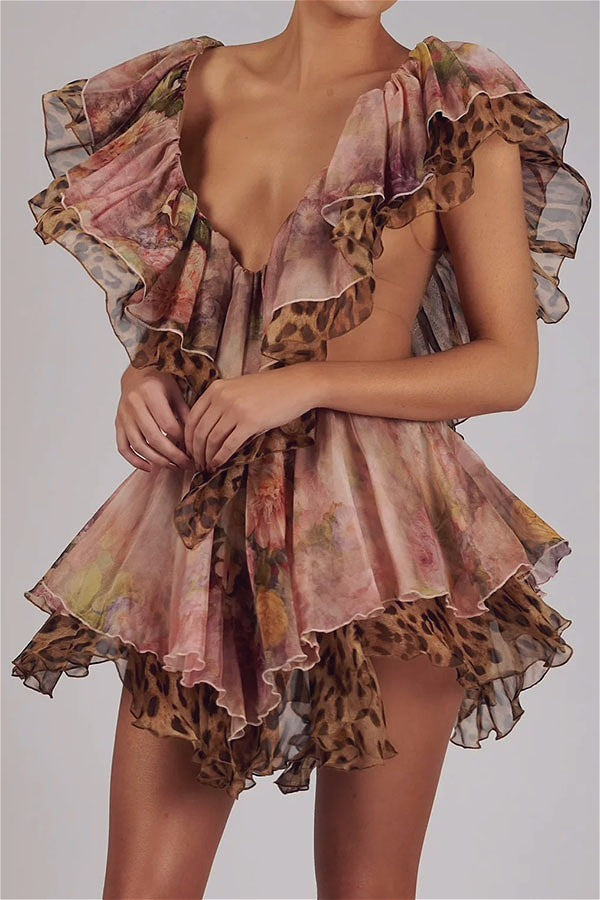 Floral Spotted Mixed Print Deep V Ruffle Tiered Chiffon Mini Dress
