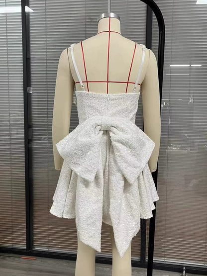 Sequin Mini Dress With Bow Back Square Neck A-Line Birthday Party Dress For Women 2026