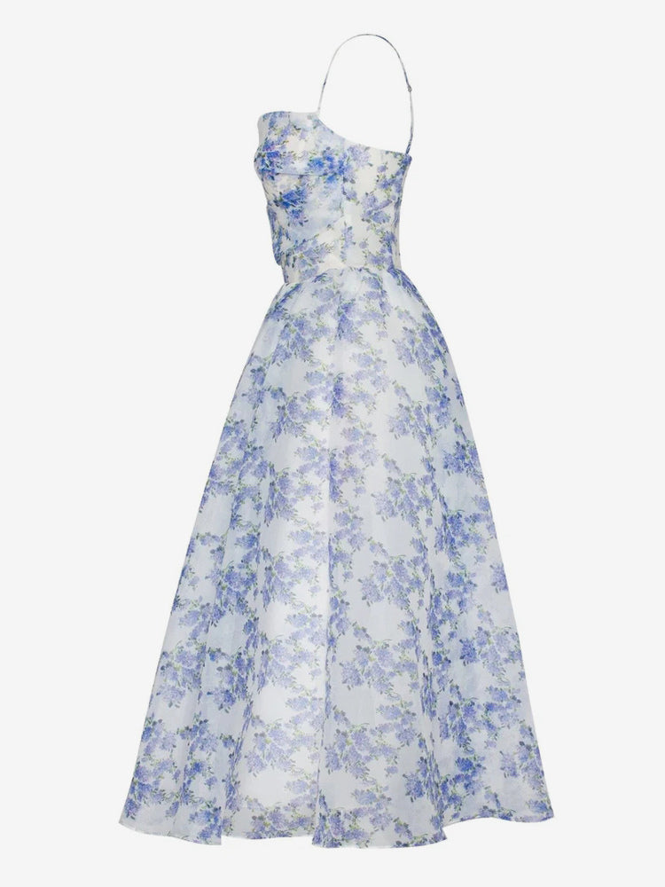 Floral Dress Spaghetti Strap Backless Lace Up Birthday Party Midi Dresses