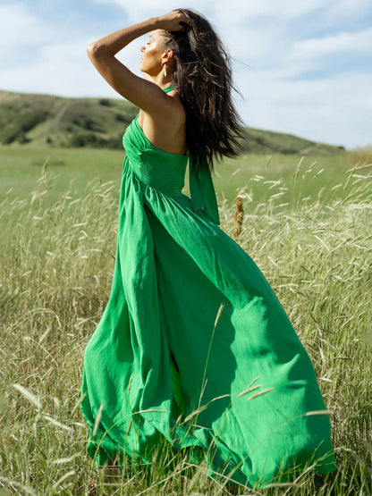 Halter Neck Maxi Dress for Women - Boho V Neck Ruched Flowy Backless Sun Dress - Summer Beach Party 2026