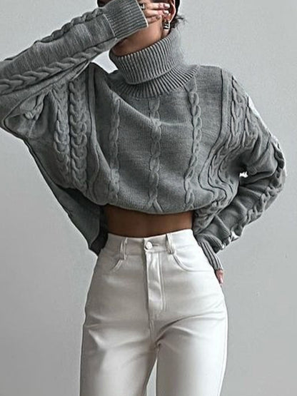 Solid Cable Knit High Neck Sweater