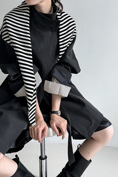 British-Style Stand-Collar Belted Mid-Length Trench Coat