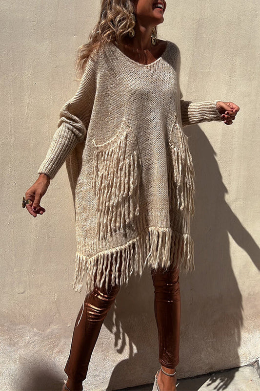 Coming with You Knit Tassel Trim Pocketed Loose Sweater