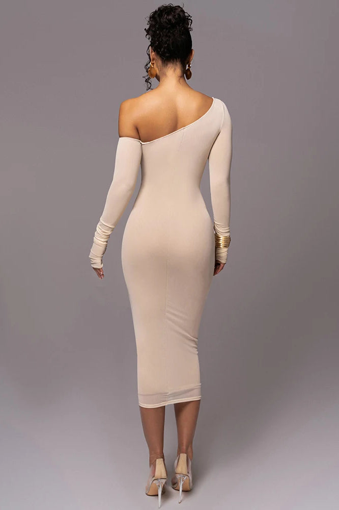 Asymmetric One-Shoulder Mesh Ruched Piping Drawstring Midi Dress
