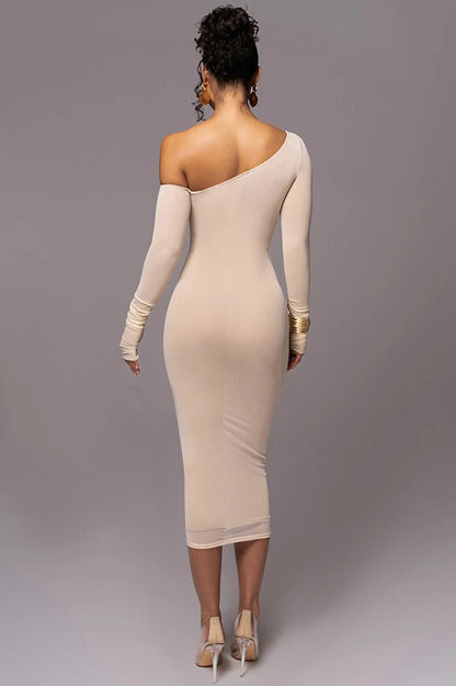 Asymmetric One-Shoulder Mesh Ruched Piping Drawstring Midi Dress