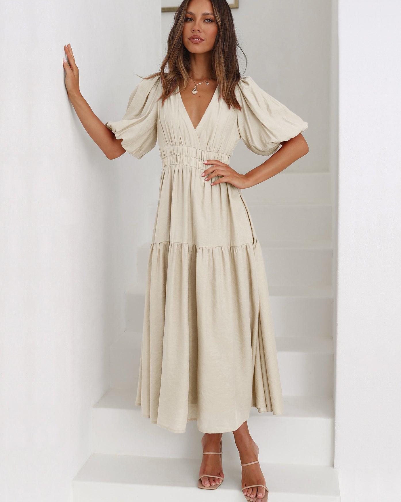 Deep V-Neck Puff Sleeve Smocked Waist Tiered Maxi Dress