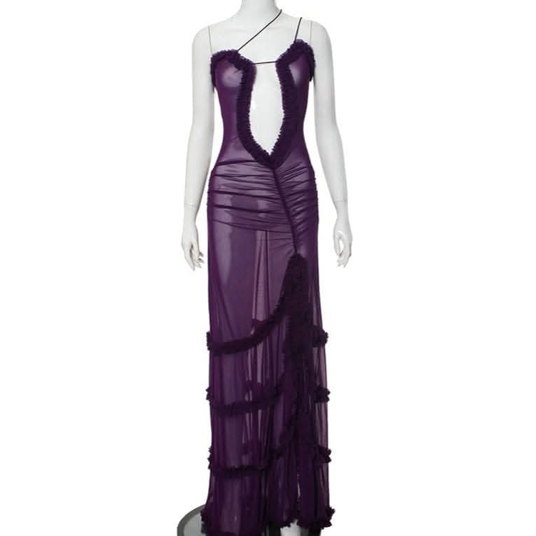 Ruffle spaghetti strap sheer mesh irregular slit maxi dress-final-sale