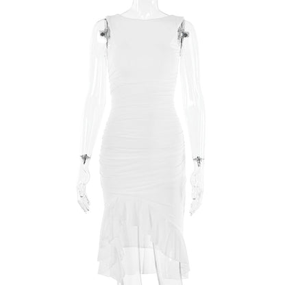 Ruched solid sleeveless ruffle zip-up backless midi dress