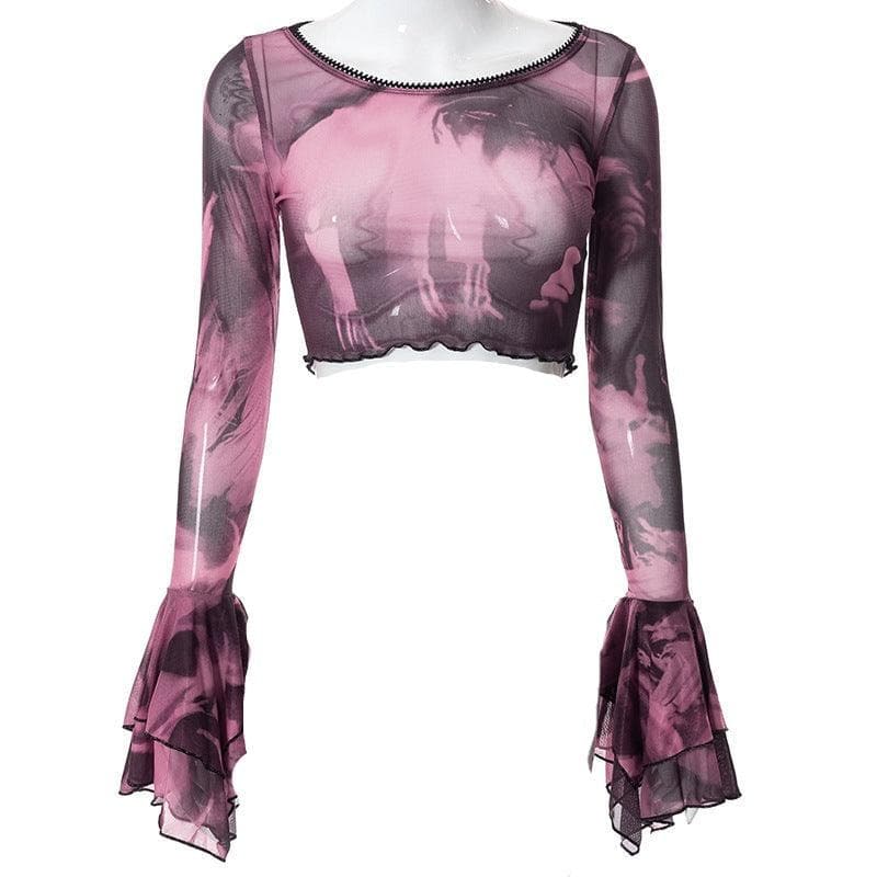 Round neck sheer mesh print long sleeve crop top