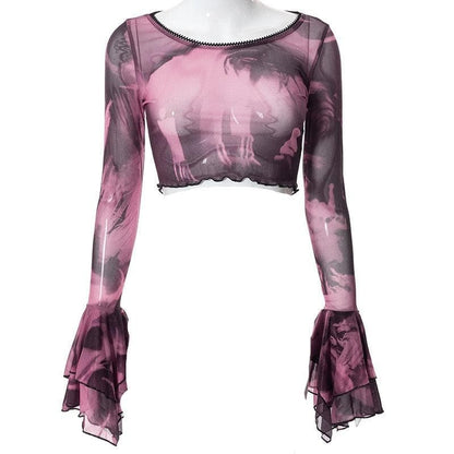 Round neck sheer mesh print long sleeve crop top