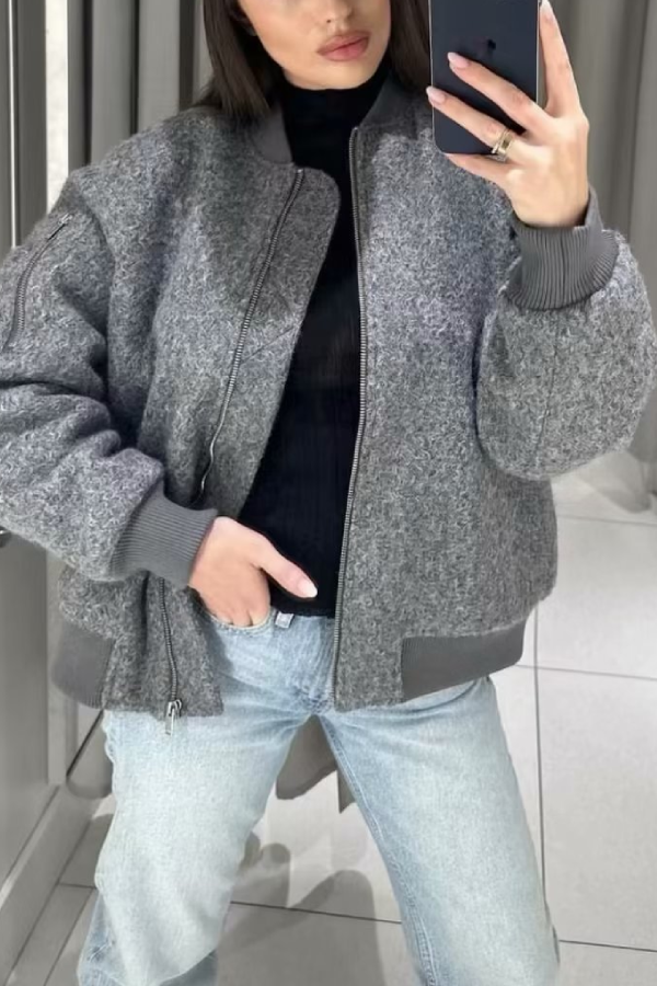 Stand Collar Loose Long Sleeve Ribbed Flight Jacket