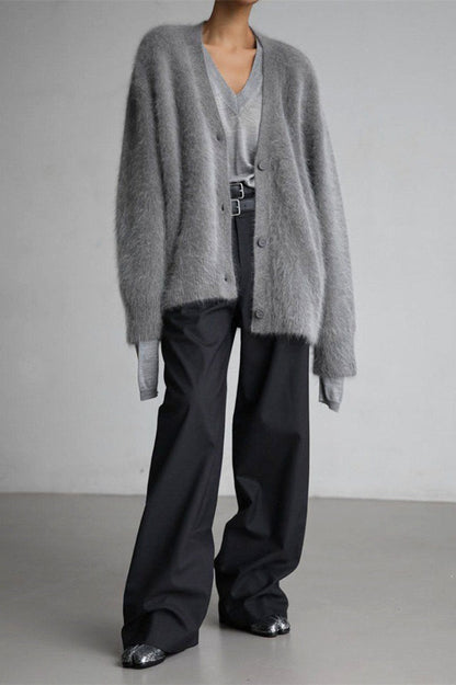 V-Neck Fluffy Knit Cardigan Sweater