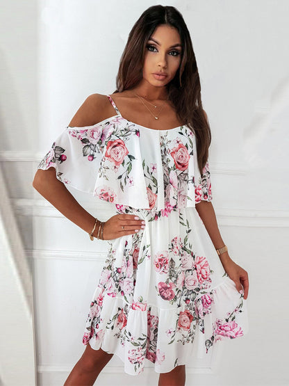 Skater Dresses Floral Print Straps Neck Pink Sexy Half Sleeves Fit And Flare Dress