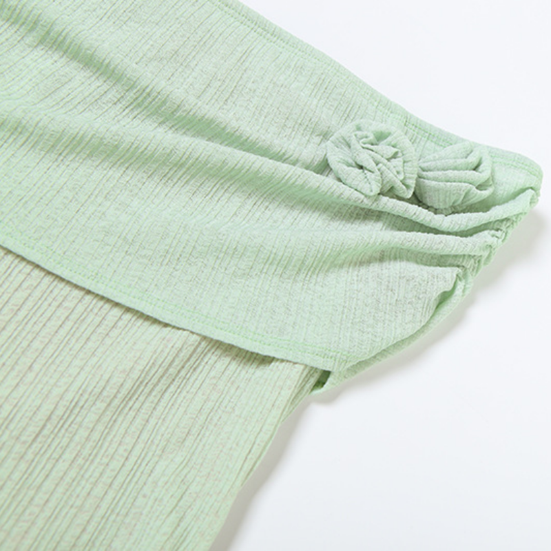 Off shoulder ruffle flower applique ruched maxi dress