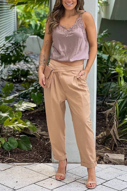 Taupe Unbalanced Button Cropped Pants