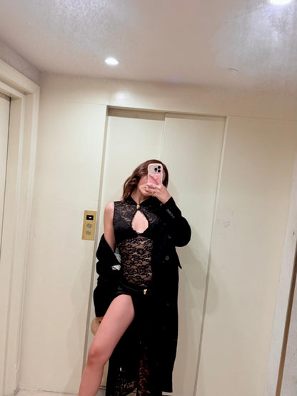 Lace See Through Cutout Slit Maxi Dress