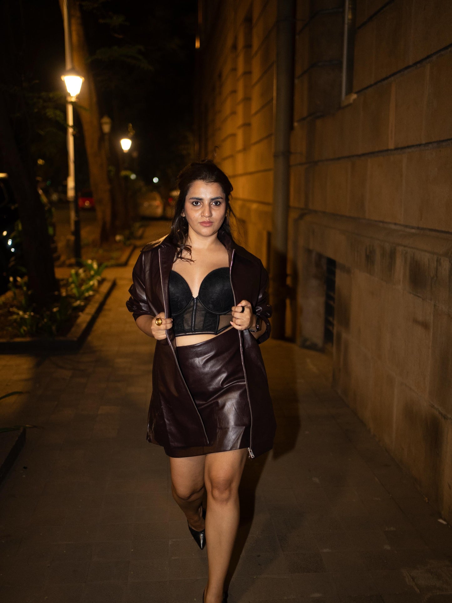 Leather Long Jacket & Short Skirt Coord Set