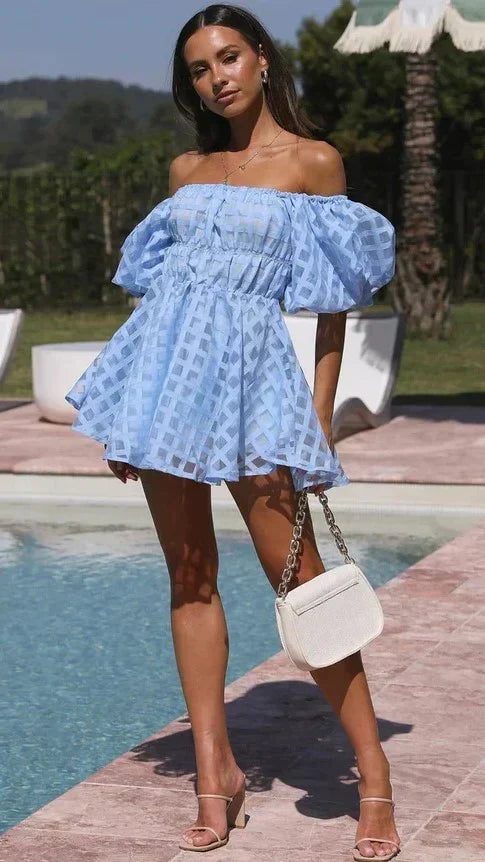 Windowpane Check Off-Shoulder Puff Sleeve Smocked Waist Babydoll Mini Dress
