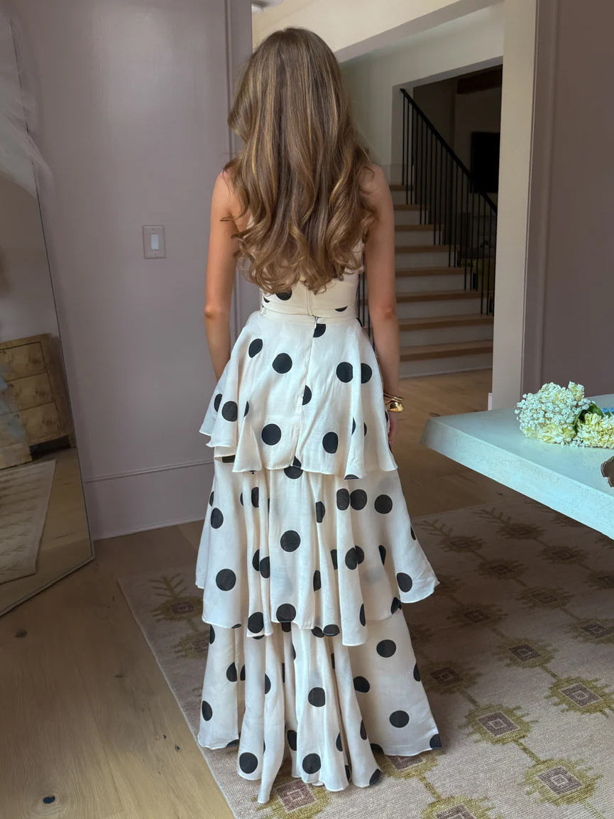 Polka Dot Skirt Two Piece Set For Women - Retro Halter Neck Crop Top And Tiered Maxi Skirt - Summer Garden Party 2026