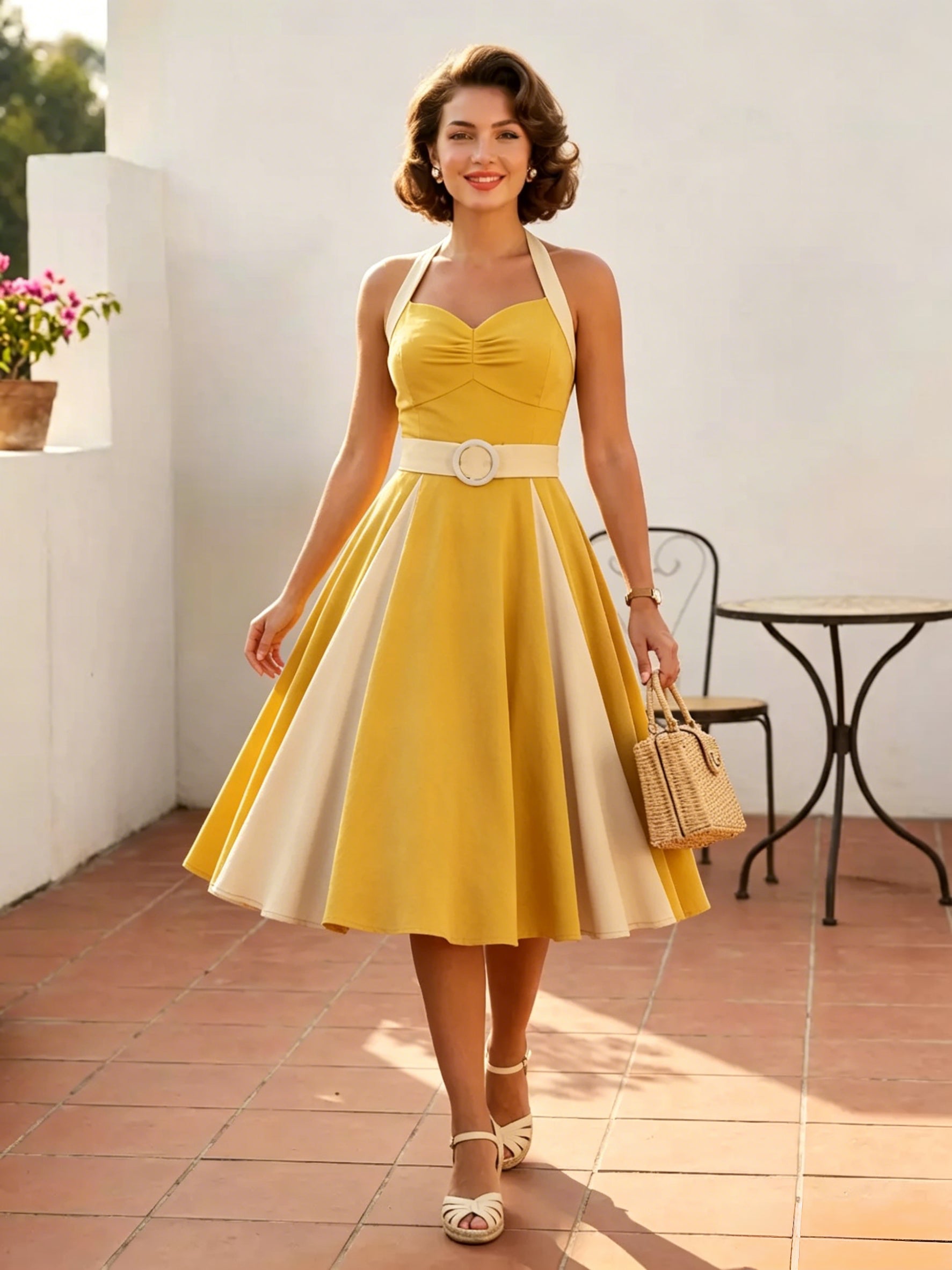 Yellow Halter Neck Vintage Swing Dress Contrast White Belt 50s Retro Rockabilly Dress