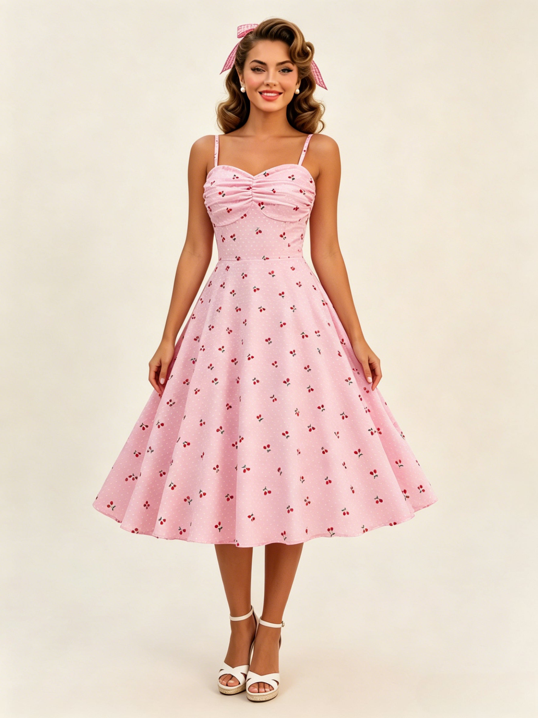 Pink Cherry Print Halter A Line Midi Dress For Women Sweet Summer