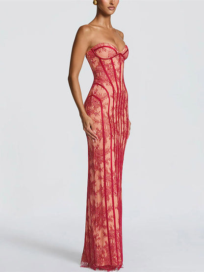 Date Night Dresses Bodycon Maxi Lace Sleeveless Backless Strapless Sexy Burgundy Dress