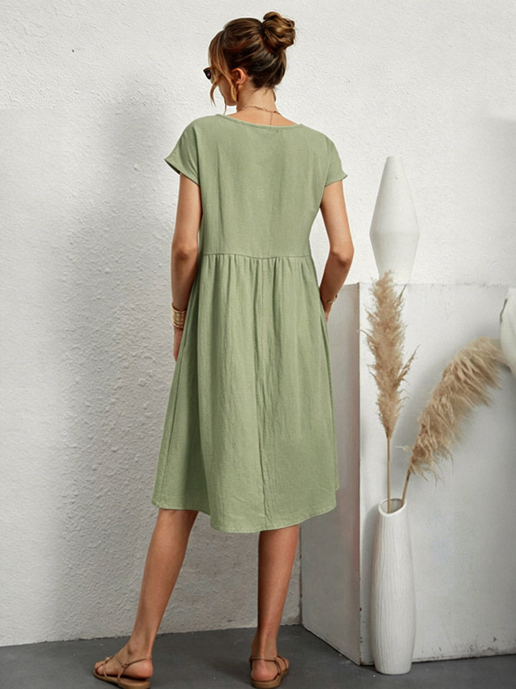 Short Sleeves Midi Shift Dress for Women - Minimalist Solid Color Loose T-shirt Dress with Pockets - Summer Daily Casual 2026