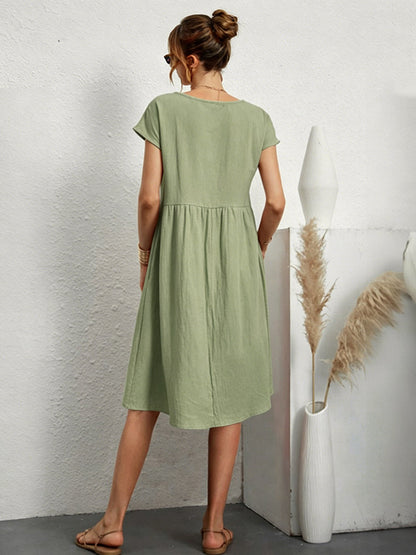 Short Sleeves Midi Shift Dress for Women - Minimalist Solid Color Loose T-shirt Dress with Pockets - Summer Daily Casual 2026