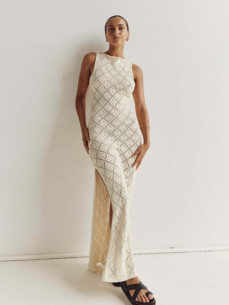 Hollow Out Mesh Beach Vacation Knitted Slit Dress
