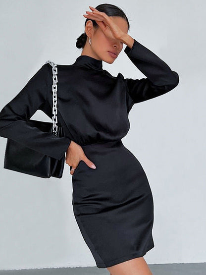 French Turtleneck Backless Lace up Bow A line Dress