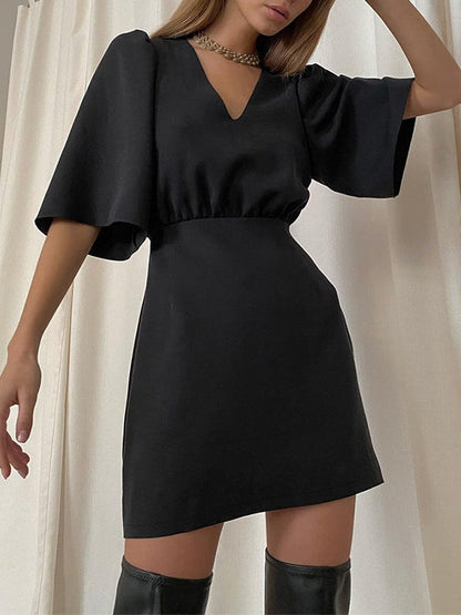 Black Short Sleeve V Neck A Line Dress
