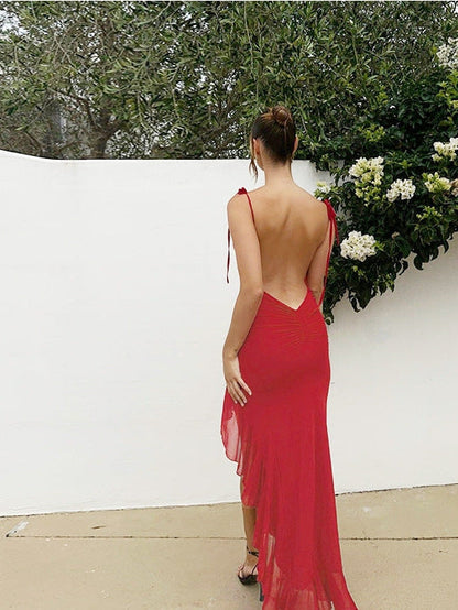 Spaghetti Strap Lace Backless Cutout Frill Dress