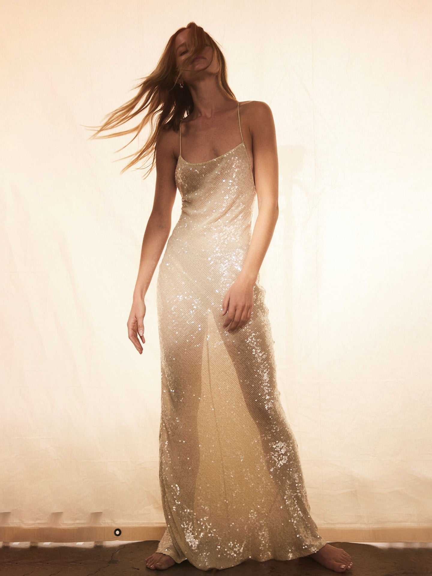 Spaghetti Strap Backless Slip Glitter Maxi Dress