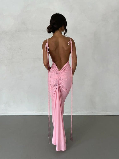 Spaghetti Strap Backless Pleated Dress