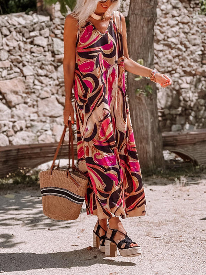 Bohemian Red Black Printing V Neck Maxi Dress