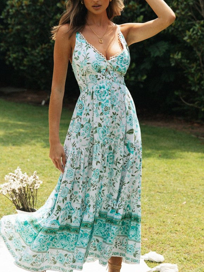 Lace Up V Neck Backless Floral Maxi Dress