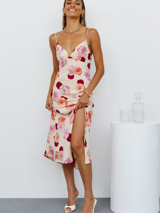 French Print V Neck Split Suspender Dress