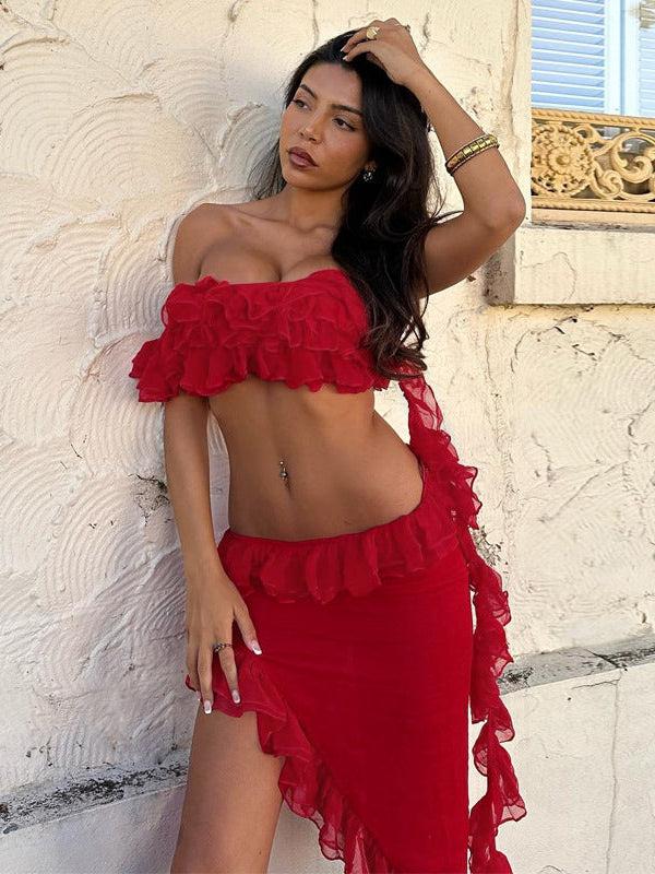 Ruffled Top & Irregular Asymmetric Skirt Set