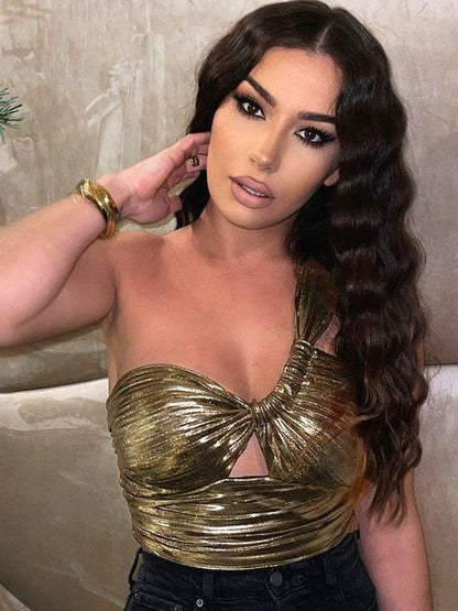 Metallic Golden One Shoulder Crop Top