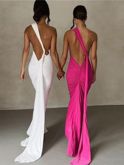One Shoulder Backless Ruched Maxi Dress
