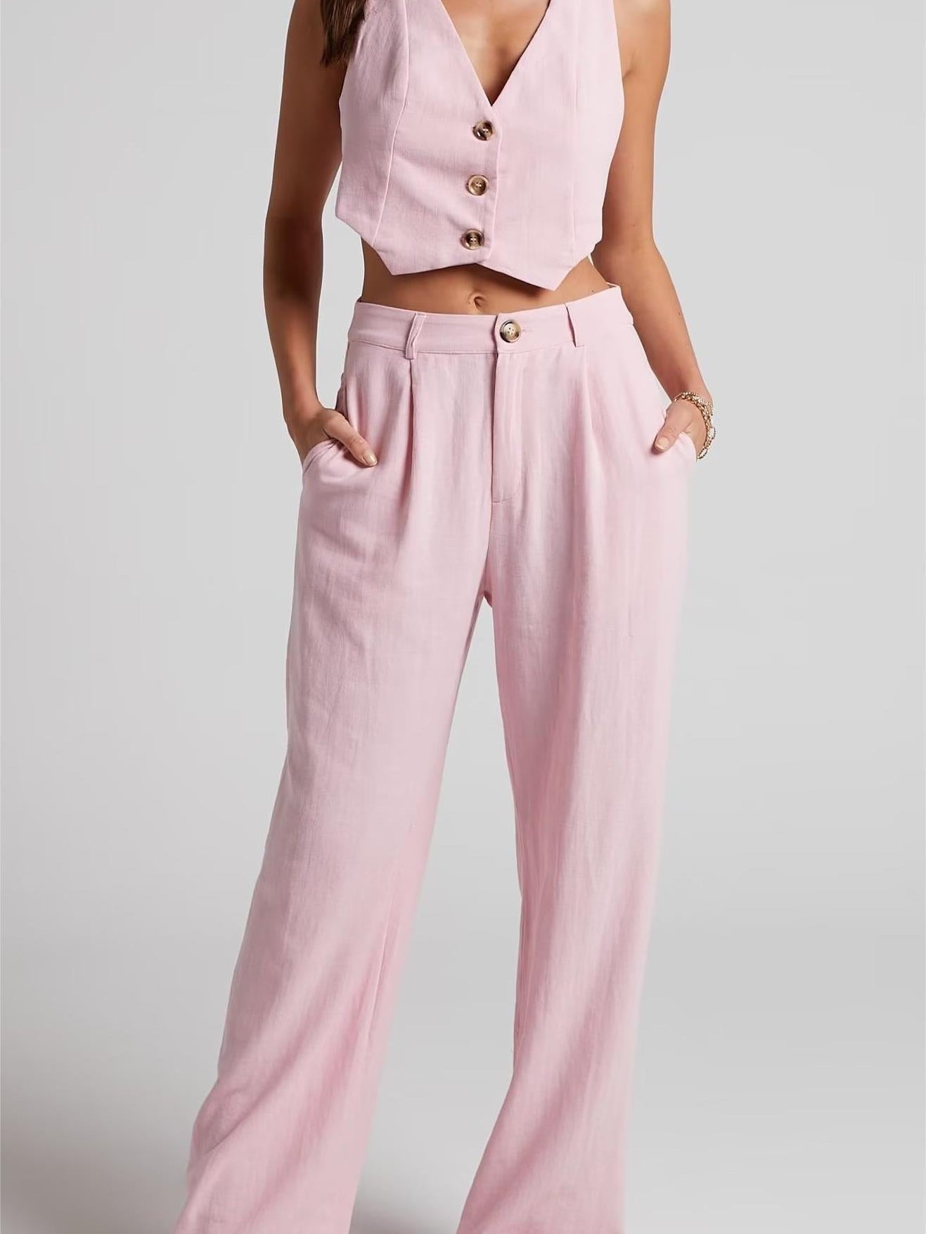 Crop Waist Vest Coat & Wide Leg Pants Coord Set