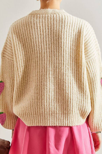 Sweet V-neck beige strawberry decorated cardigan sweater