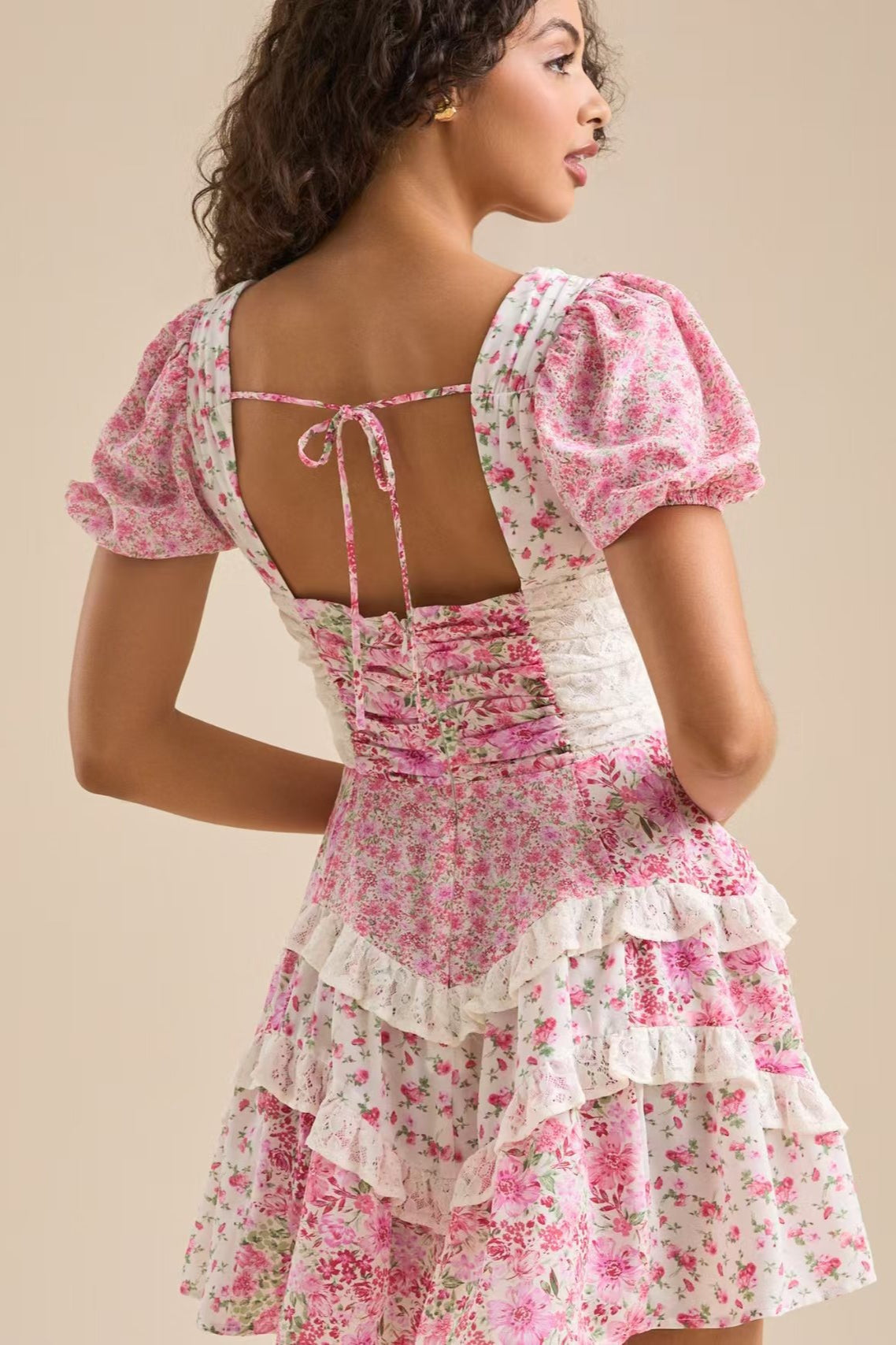 Floral Print Puff Sleeve Lace Smocked Waist Tiered Ruffle Mini Dress