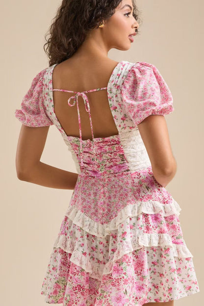 Floral Print Puff Sleeve Lace Smocked Waist Tiered Ruffle Mini Dress