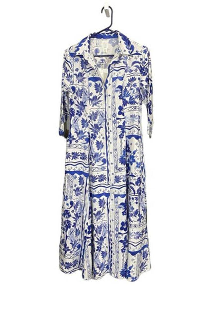 Unique Greek Floral Print Button-Front Midi Dress